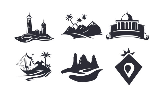 Collection of six monochromatic graphic elements featuring buildings, landscapes, and travel icons on a white background