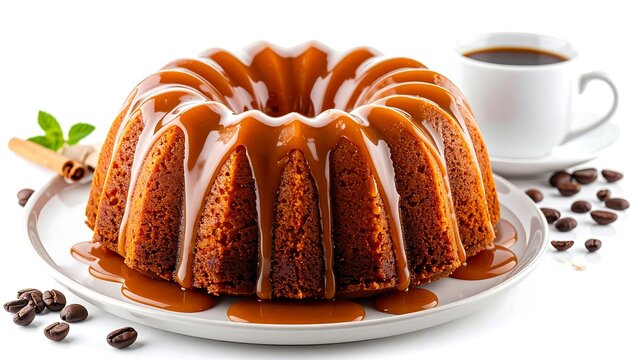 A scrumptious, round cake glazed with caramel on a white plate, beside a cup of coffee with coffee beans scattered around