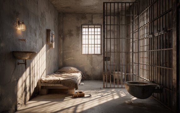 Stark, old prison cell with barred window, simple cot, sink, and metal door
