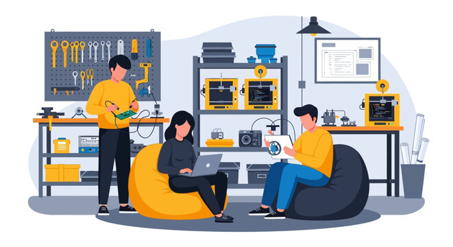 Team of young people working in a modern workshop.