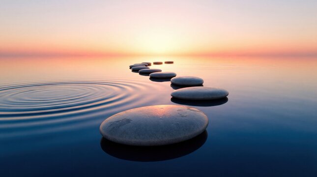 Stepping stones path in calm water with ripples at sunset for zen meditation and balance concept.