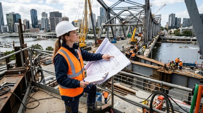 Female engineer reviewing construction blueprints on a large-scale urban bridge project with a city skyline view, representing women in STEM and civil engineering.
