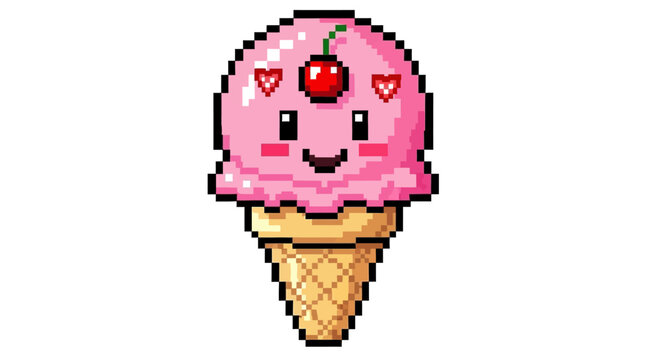 Pixel Art Strawberry Ice Cream Cone Character.