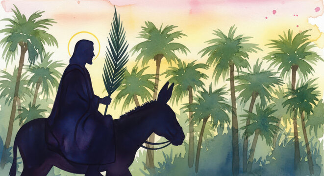 Jesus riding a donkey while holding a palm branch during his humble entry into jerusalem in a watercolor style illustration
