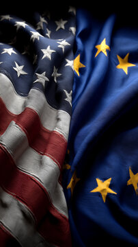 us flag waving next to eu flag. relations between usa and european union
