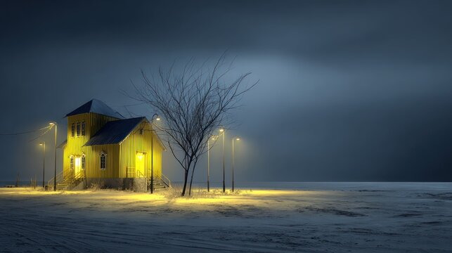 Yellow House Illuminated at Night in Snowy Landscape with Leafless Tree and Street Lights