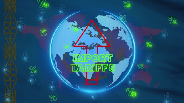 Illustrative representation of import tariffs, featuring a glowing globe with the upward arrow symbolizes the concept of tariffs and international trade dynamics. 