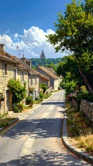 Obraz premium A serene village street lined with stone houses and lush greenery under a blue sky