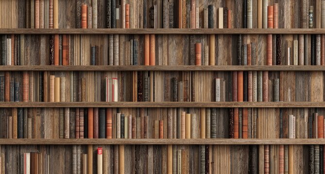 Numerous aged books with varied spines neatly arranged on rustic wooden library shelves