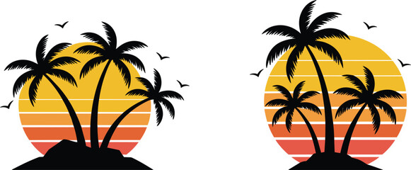 Tropical sunset palm trees silhouettes, island beach scene with retro sun stripes, summer vector © Sabina