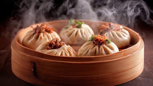 Delicious steamed dumplings served in a bamboo steamer basket