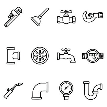Professional Plumbing Tools and Pipe Fitting Icons