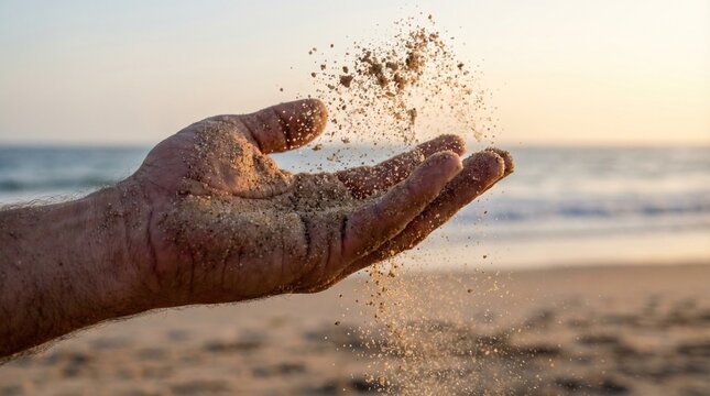 Hand Covered in Sand Grains Falling Motion Freeze Shot