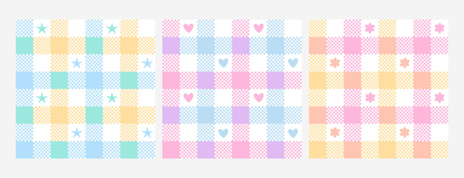 Seamless plaid pattern with cute hearts, stars and flowers in blue, yellow and pink colors. Gingham check geometric texture for baby, nursery, romantic design, textile print, wallpaper background