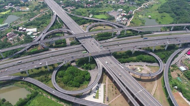 Aerial View of Highway Interchange - Transport concept footage, birds eye view use the drone in Pingzhen Interchange System, Taoyuan, Taiwan.