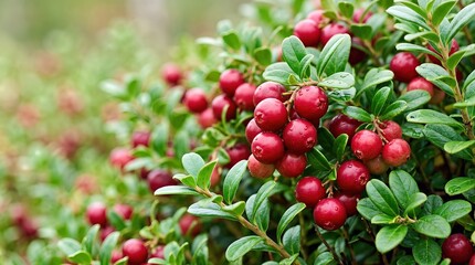 Obraz premium Red berries growing on lush green leaves of a berry bush, showcasing ripe fruit in a natural outdoor setting with blurred background foliage