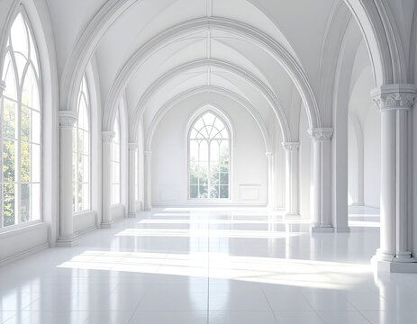 Elegant, bright, white vaulted architecture, sunlight streams