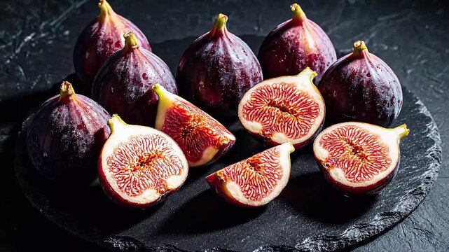 Fresh figs on a black plate.