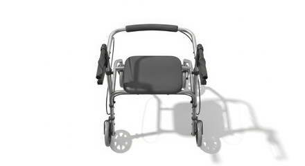 Fototapeta premium Front view of a silver rollator walker with a seat and wheels, casting a shadow on a white background. Mobility aid for independent seniors.