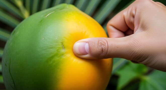 Hand Gently Touching a Ripe Papaya Fruit with Green and Yellow Hues.