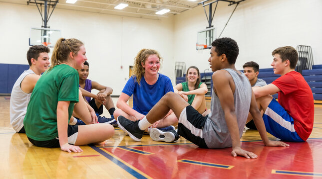 Teenagers sitting on gymnasium floor and smiling during group activity  