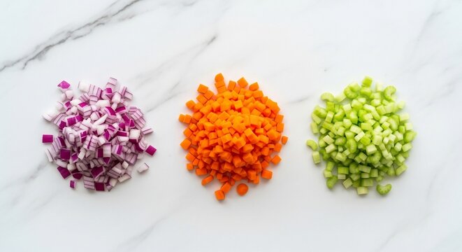 Three Piles of Finely Diced Vegetables on a Marble Surface.