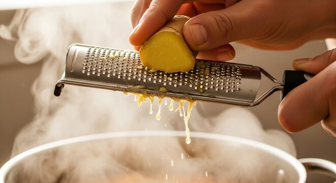 Close-up of fresh ginger being grated into a steaming pot of food.