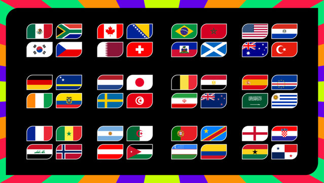 Modern infographic template for the 2026 world football tournament group stage draw. Vector illustration featuring national team flags, match schedule grid, and tournament bracket layout. Ideal for sp