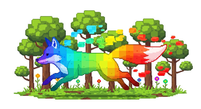 Vibrant Rainbow Fox Running Through Pixelated Forest.