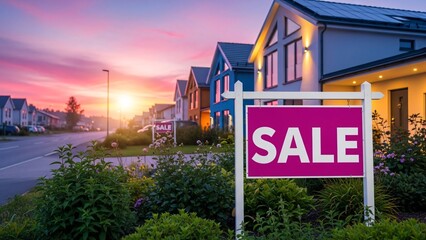 Fototapeta premium Beautiful suburban neighborhood during sunset with colorful houses and a large sale sign in the front yard showcasing a vibrant real estate market scene perfect for advertising property sales