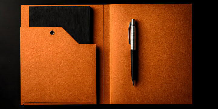 An elegant stationary composition of a high-end orange leather notebook cover with a pen and a black paper in the dark background.