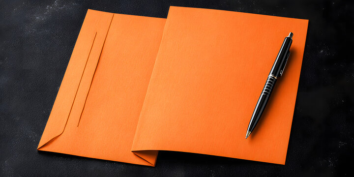 A vibrant orange folder and a pen, positioned on a dark backdrop, creating a compelling visual.