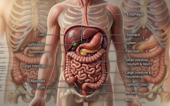 Realistic 3D Illustration of Human Digestive System Anatomy with Labels