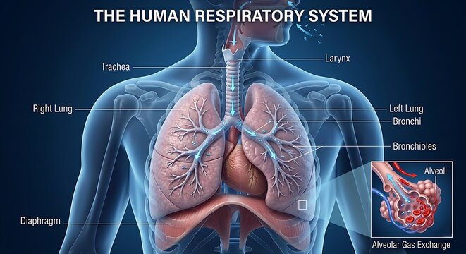 Detailed Human Respiratory System Diagram with Lungs and Alveolar Gas Exchange