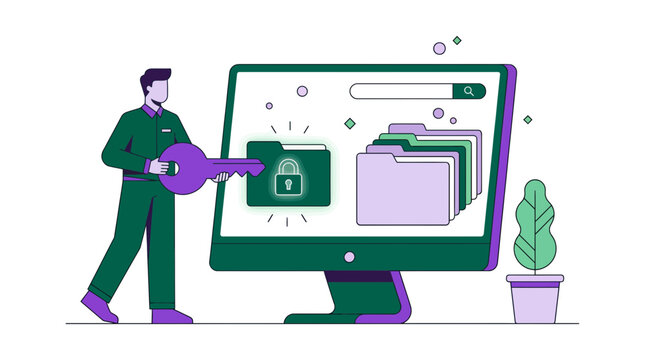 Male cyber security analyst holding a large purple key to unlock a protected digital folder on a desktop computer monitor screen, concept for data encryption, info privacy and server safety