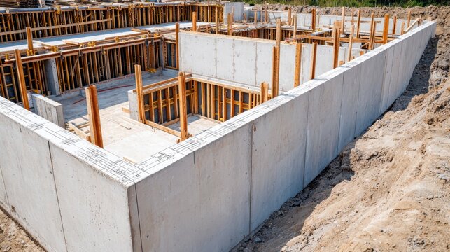 Concrete foundation walls are being constructed on a building site with wooden framing and soil surrounding the structure.