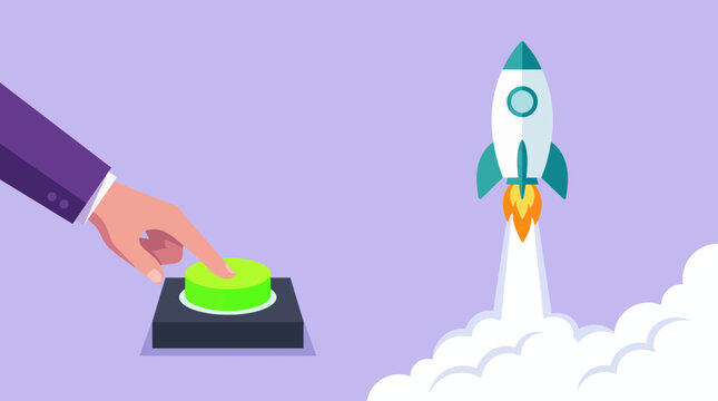 Businessman CEO hand pushing green start button to launch a rocket ship into the air with smoke and clouds, concept for startup launch, business growth and project success