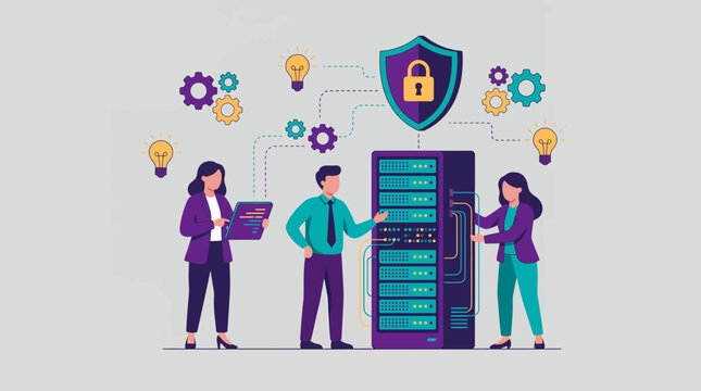 Professional system administrators and database engineers managing secure server rack hardware equipment, concept for cybersecurity protection, network infrastructure and digital data storage