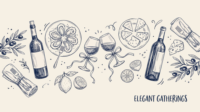 Hand drawn sketch of wine bottles and glasses with oysters cheese and olives on elegant dinner table background, concept for restaurant menu design culinary event promotion and luxury party invitation