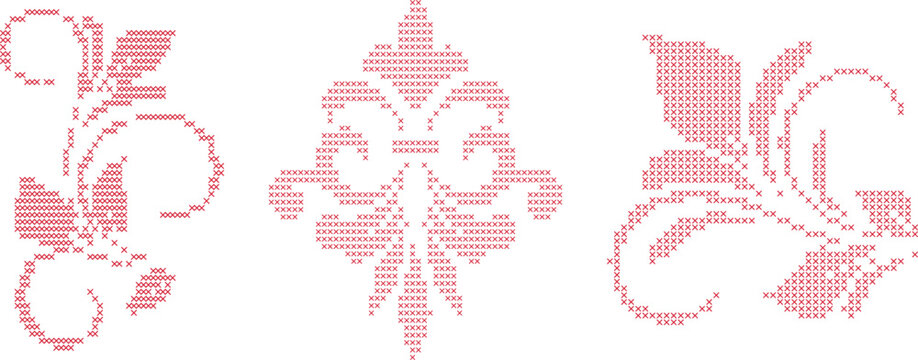 Pink Cross  Stitch Floral Ornament Set Embroidery Style Vector Design Elements