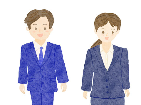 白バックに男性と女性がスーツを着て立っている笑顔のイラスト！
