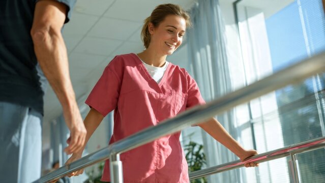 Smiling physical therapist assists a male patient with gait training on parallel bars during a rehabilitation session in a bright, modern clinic or hospital.