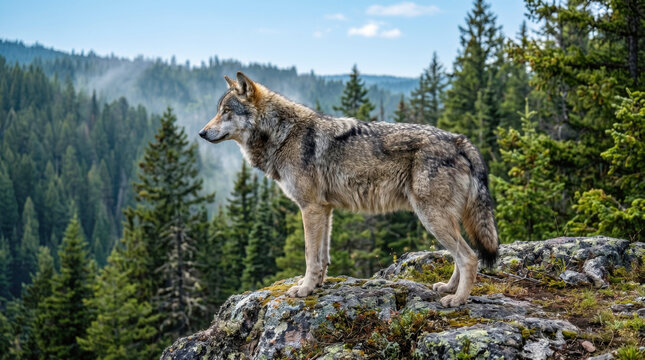 A striking wild wolf stands proudly on a rock, overlooking a dense forest landscape, embodying the spirit of nature's wilderness and beauty.