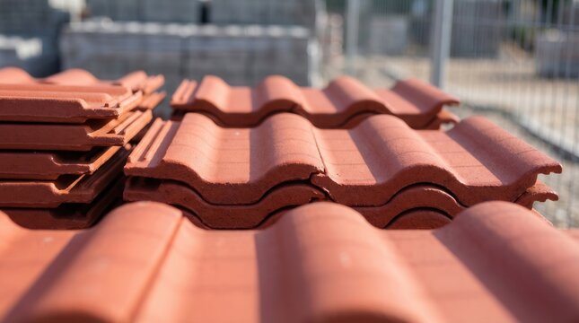 A detailed view of terracotta roof tiles stacked at a construction site, showcasing their texture and color in bright sunlight.