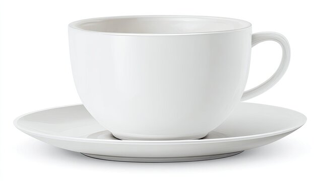 A simple white ceramic teacup and saucer sits centered on a white background