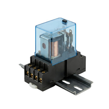 Electromagnetic power relay mounted on a DIN rail