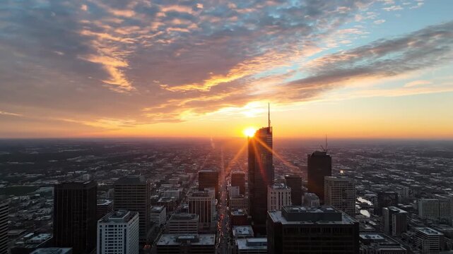 Urban skyline at sunset with towering buildings framing a vibrant, dramatic sky and setting sun
