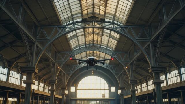 cinematic drone gliding forward inside a grand historic train station interior, large arched steel and glass roof