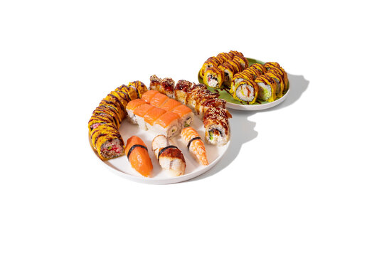 Delicious sushi with salmon and shrimp served aesthetically