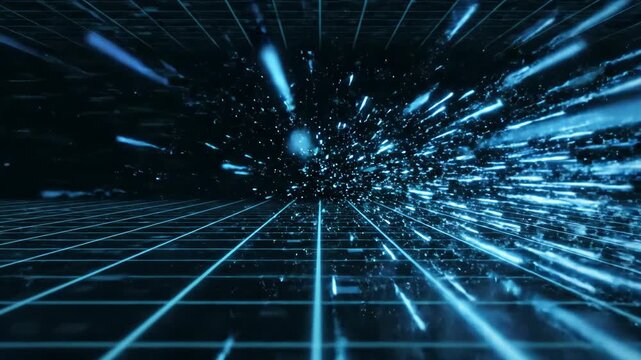 Bright blue energy beams explode across a dark grid, creating a futuristic and dynamic visual impression